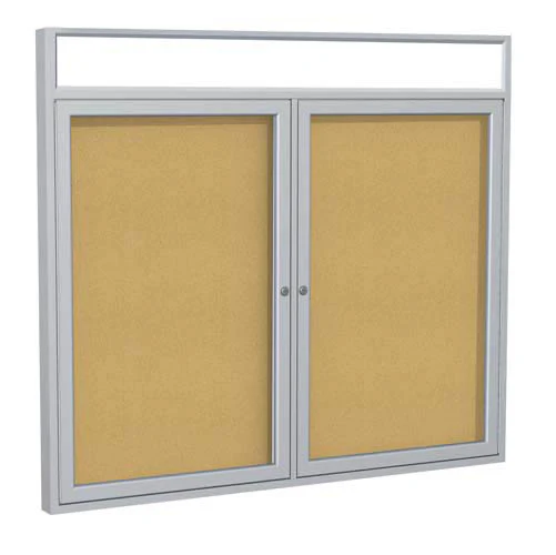 48" x 36" 2-Door Satin Alum Frame w/ Illuminated Headliner Enclosed Tackboard - Natural Cork