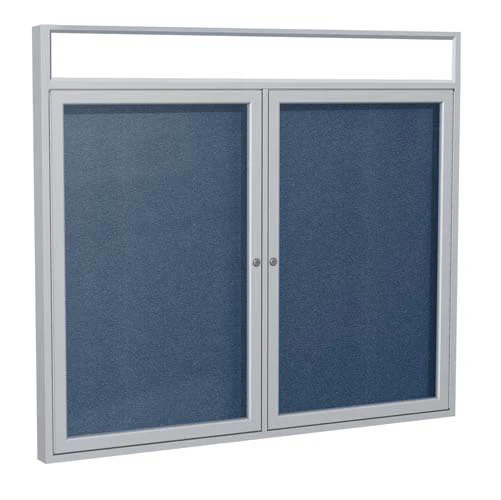 60" x 36" 2-Door Satin Alum Frame w/Illuminated Headliner Enclsd Vinyl Tackboard - Navy
