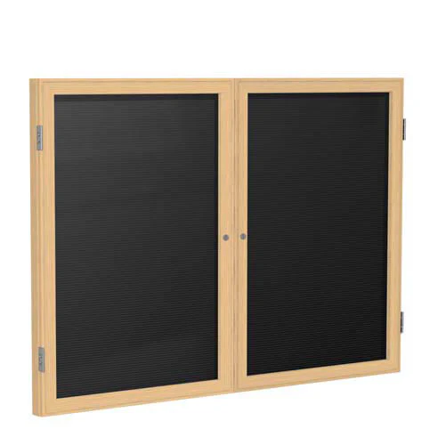 60" x 36" 2-Door Wood Frame Oak Finish Enclosed Flannel Letterboard - Black