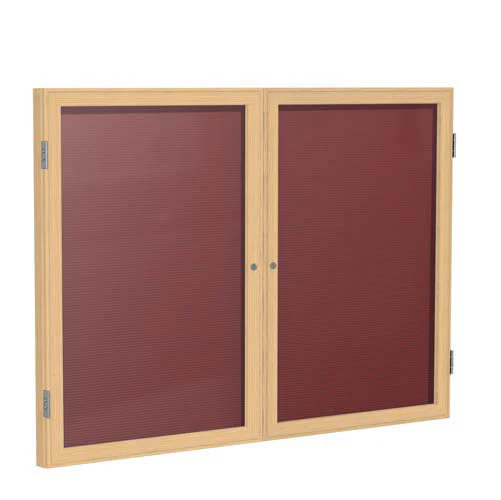60" x 36" 2-Door Wood Frame Oak Finish Enclosed Flannel Letterboard - Burgundy