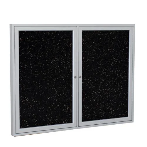 60" x 48" 2-Door Satin Aluminum Frame Enclosed Recycled Rubber Tackboard - Tan Speckled