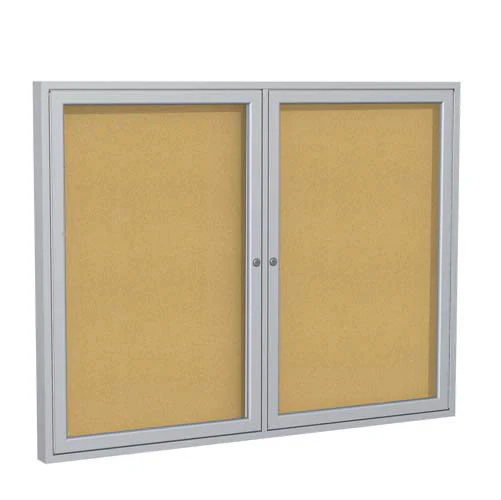 60" x 48" 2-Door Satin Aluminum Frame Enclosed Tackboard - Natural Cork