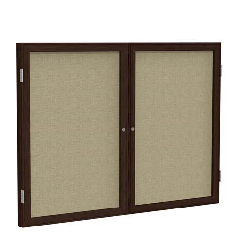 60" x 48" 2-Door Wood Frame Walnut Finish Enclosed Fabric Tackboard - Beige