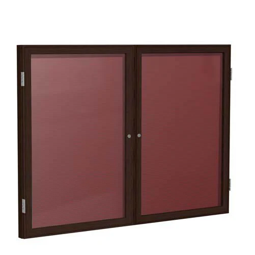 60" x 48" 2-Door Wood Frame Walnut Finish Enclosed Flannel Letterboard - Burgundy