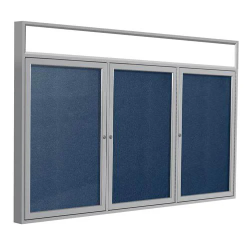 72" x 36" 3-Door Satin Alum Frame w/ Headliner Enclosed Vinyl Tackboard - Navy
