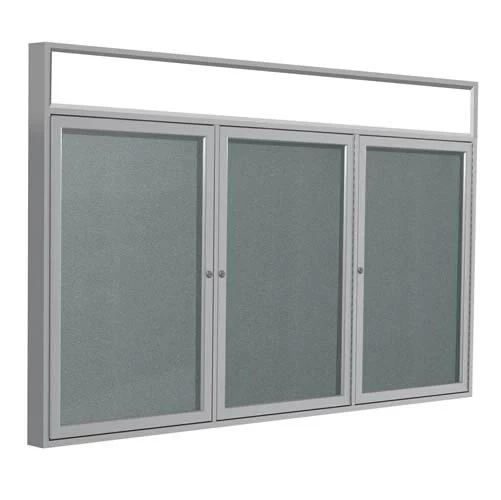 72" x 36" 3-Door Satin Alum Frame w/ Headliner Enclosed Vinyl Tackboard - Stone