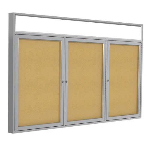 72" x 36" 3-Door Satin Alum Frame w/ Illuminated Headliner Enclosed Tackboard - Natural Cork