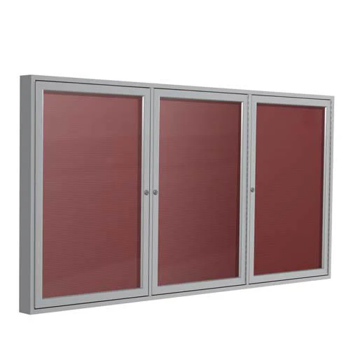 72" x 36" 3-Door Satin Aluminum Frame Enclosed Vinyl Letterboard - Burgundy