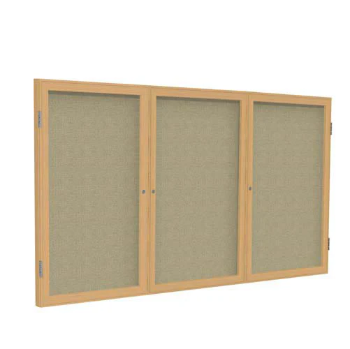72" x 36" 3-Door Wood Frame Oak Finish Enclosed Fabric Tackboard - Beige
