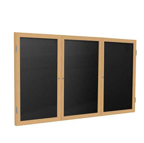 72" x 36" 3-Door Wood Frame Oak Finish Enclosed Flannel Letterboard - Black