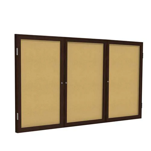 72" x 36" 3-Door Wood Frame Walnut Finish Enclosed Tackboard - Natural Cork