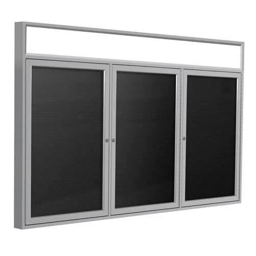 72" x 48" 3-Door Satin Alum Frame w/Illuminated Headliner Enclosed Vinyl Letterboard - Black