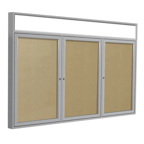 72" x 48" 3-Door Satin Alum Frame w/Illuminated Headliner Enclsd Vinyl Tackboard - Caramel
