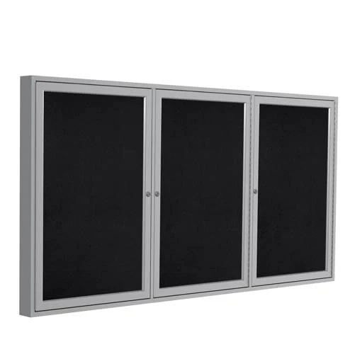 72" x 48" 3-Door Satin Aluminum Frame Enclosed Recycled Rubber Tackboard - Black