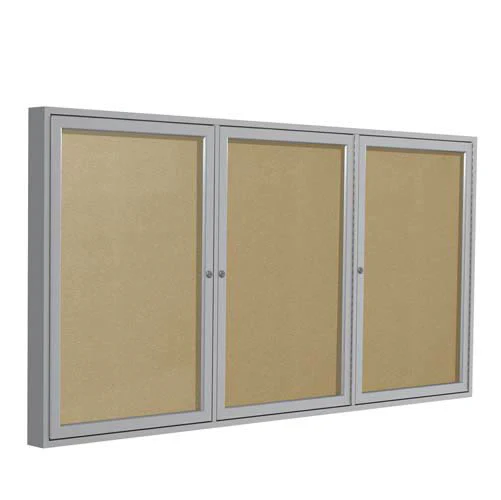 72" x 48" 3-Door Satin Aluminum Frame Enclosed Vinyl Tackboard - Caramel