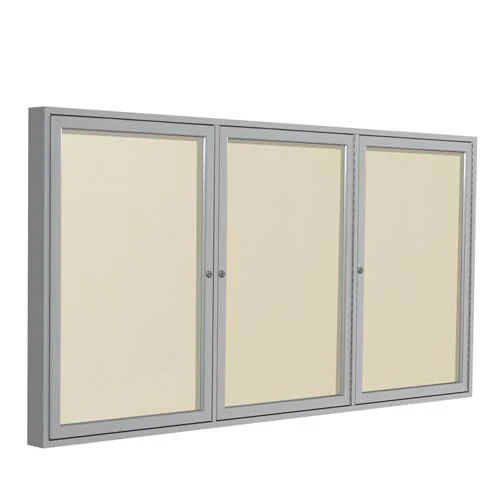 72" x 48" 3-Door Satin Aluminum Frame Enclosed Vinyl Tackboard - Ivory