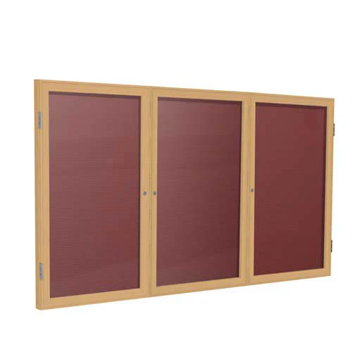 72" x 48" 3-Door Wood Frame Oak Finish Enclosed Flannel Letterboard - Burgundy