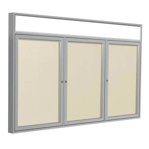 96" x 48" 3-Door Satin Alum Frame w/ Headliner Enclosed Vinyl Tackboard - Ivory