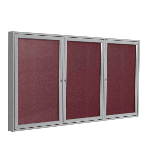 96" x 48" 3-Door Satin Aluminum Frame Enclosed Vinyl Tackboard - Berry