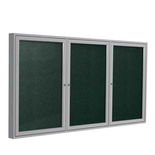 96" x 48" 3-Door Satin Aluminum Frame Enclosed Vinyl Tackboard - Ebony