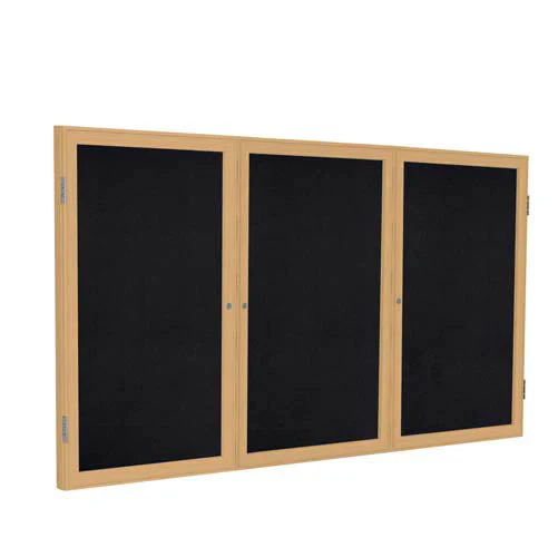 96" x 48" 3-Door Wood Frame Oak Finish Enclosed Recycled Rubber Tackboard - Black