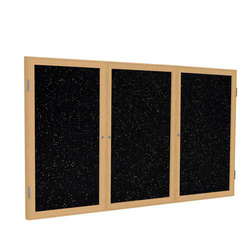 96" x 48" 3-Door Wood Frame Oak Finish Enclosed Recycled Rubber Tackboard - Tan Speckled