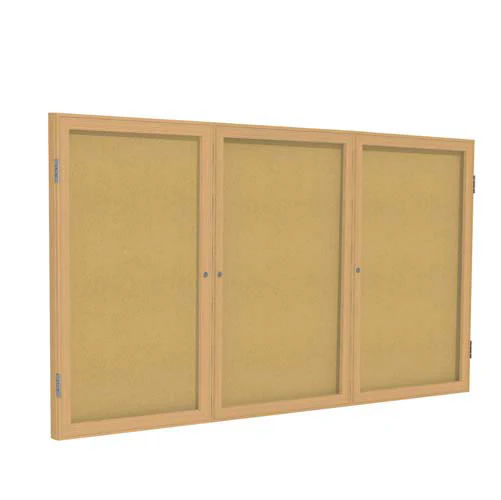 96" x 48" 3-Door Wood Frame Oak Finish Enclosed Tackboard - Natural Cork