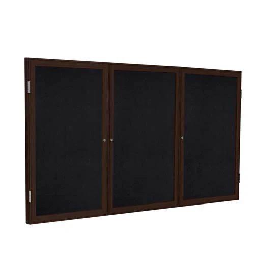 96" x 48" 3-Door Wood Frame Walnut Finish Enclosed Recycled Rubber Tackboard - Black