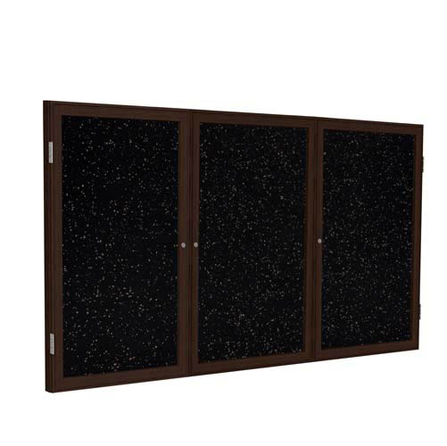 96" x 48" 3-Door Wood Frame Walnut Finish Enclosed Recycled Rubber Tackboard - Tan Speckled