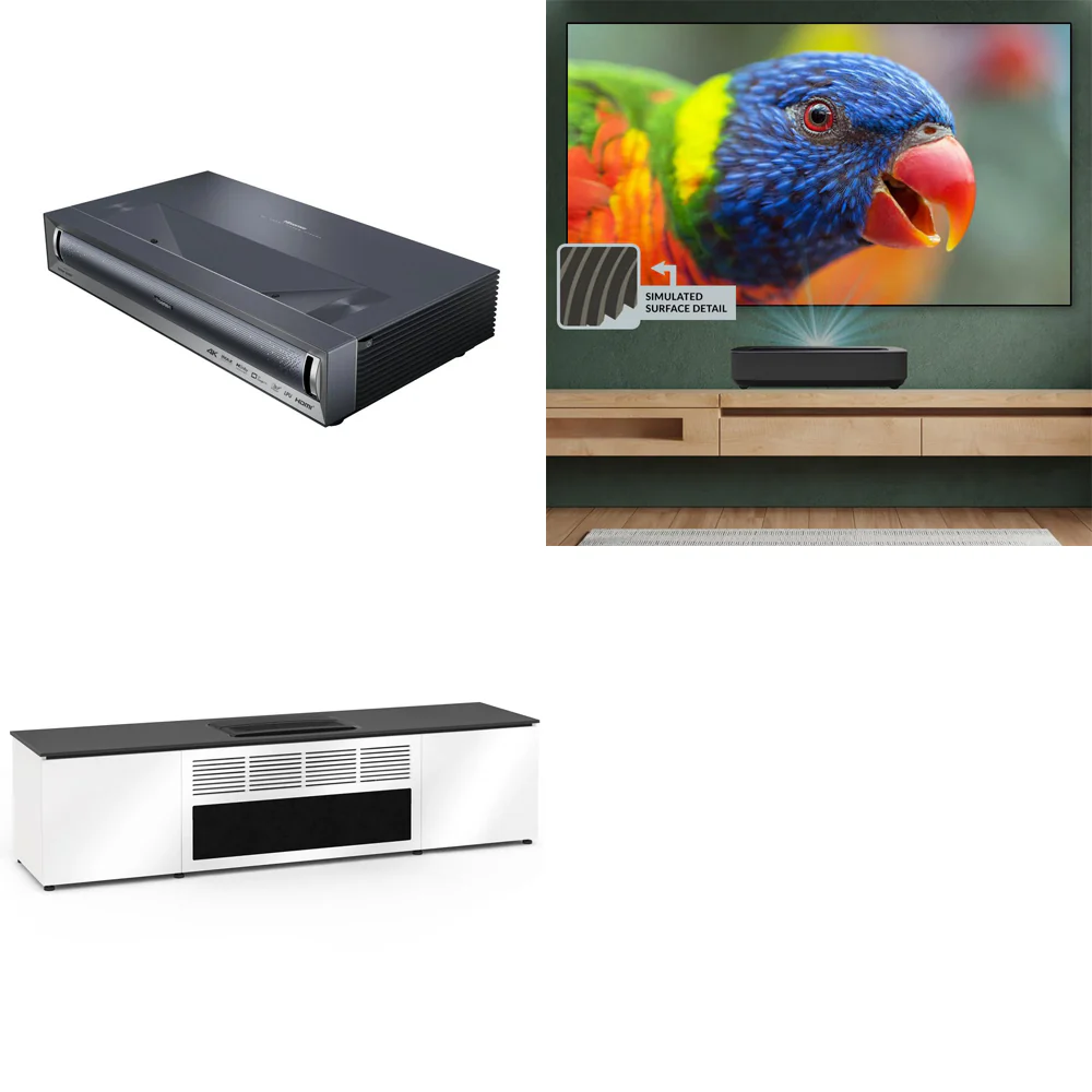 Hisense PX3-Pro + Spectra Helios 100" Fresnel Fixed Frame Screen Bundle + Salamander Miami Cabinet Bundle