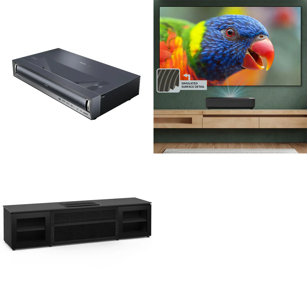 Hisense PX3-Pro + Spectra Helios 100" Fresnel Fixed Frame Screen Bundle + Salamander Oslo Cabinet Bundle