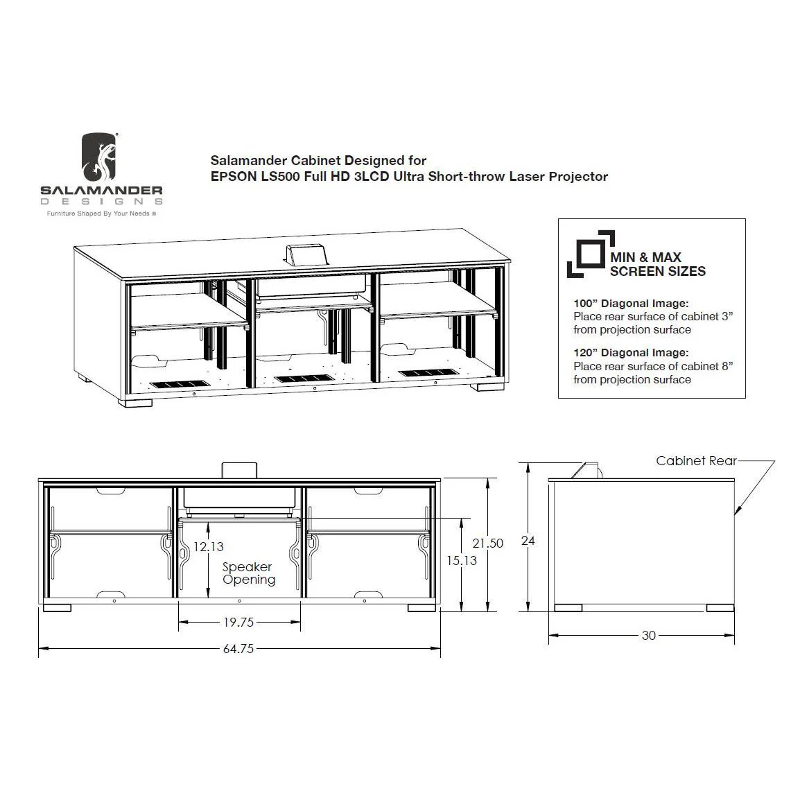 Salamander Designs Chicago 237S EPS Cabinet for integrated Epson LS500 UST Projector - Black Oak, Black Top - X3/EPS2/237S/CH/BO/BK - Image 3