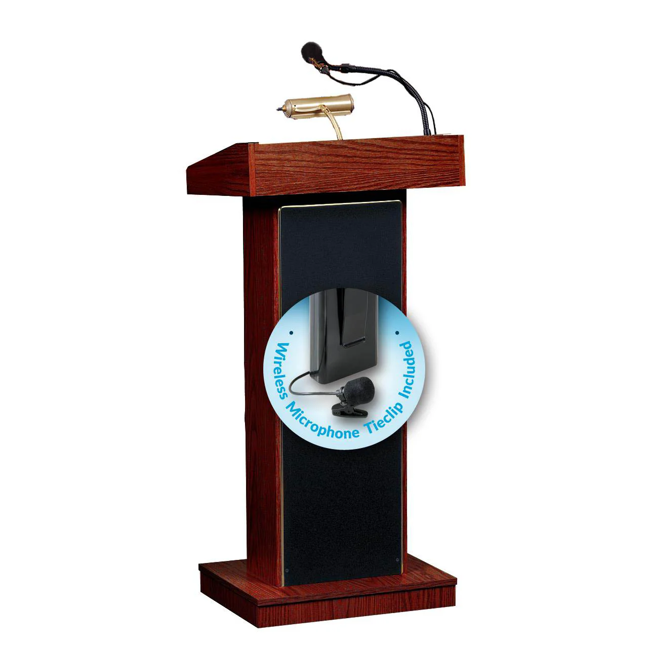 The Orator Lectern (Fixed-height, Mahogany) & Wireless Tie clip/ lavalier Mic